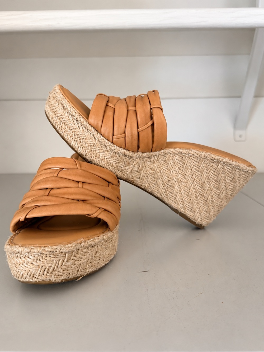 Born Aneesa Sandals Espadrille Platform Wedge Slides Womens 7.5 Tan Leather